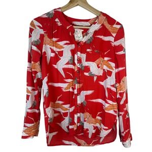 Conversations Anthropologie Blouse Red Crane Bird Print Button Down Top US 8